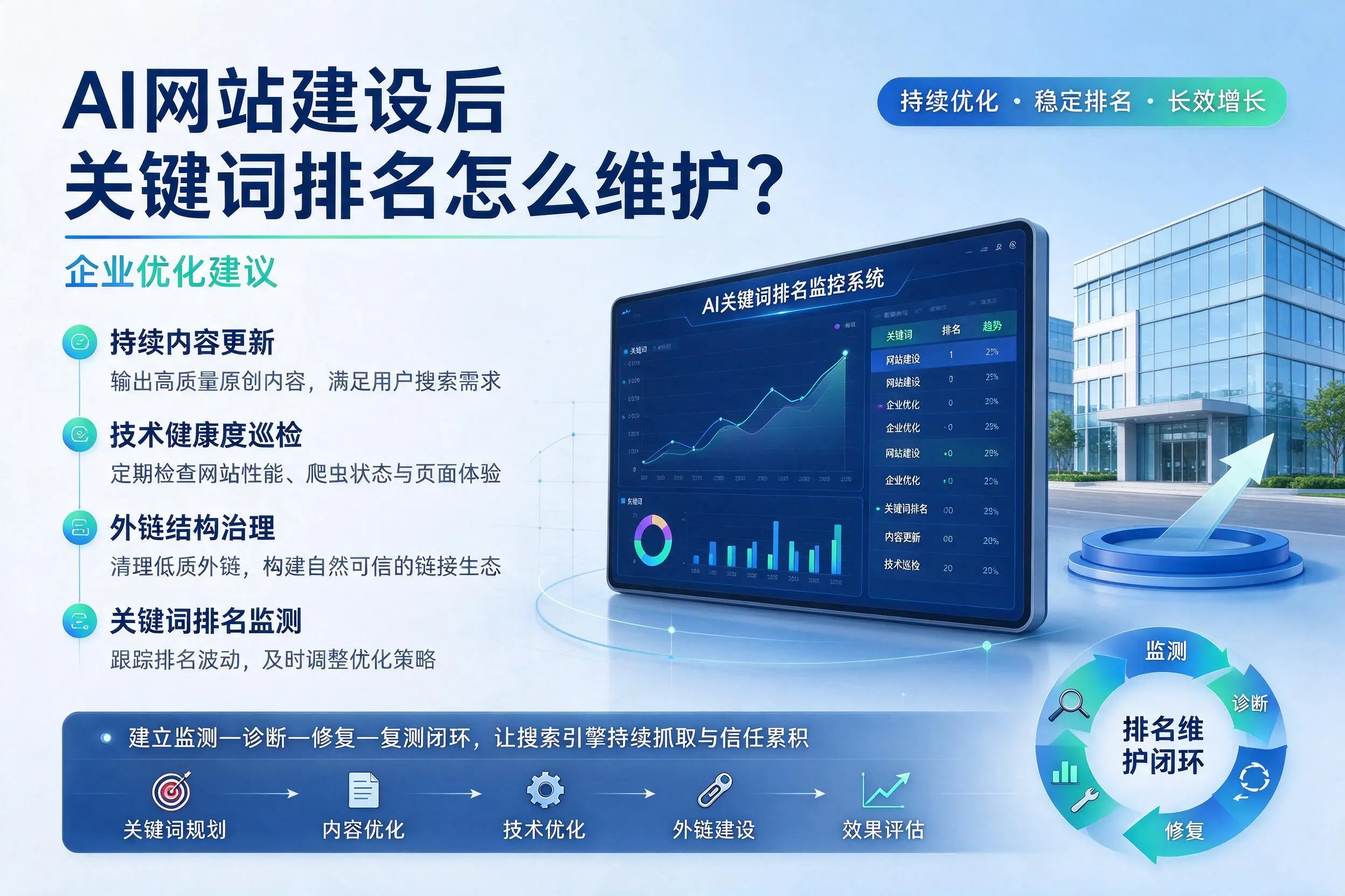 AI网站建设后关键词排名怎么维护？朝阳企业优化建议