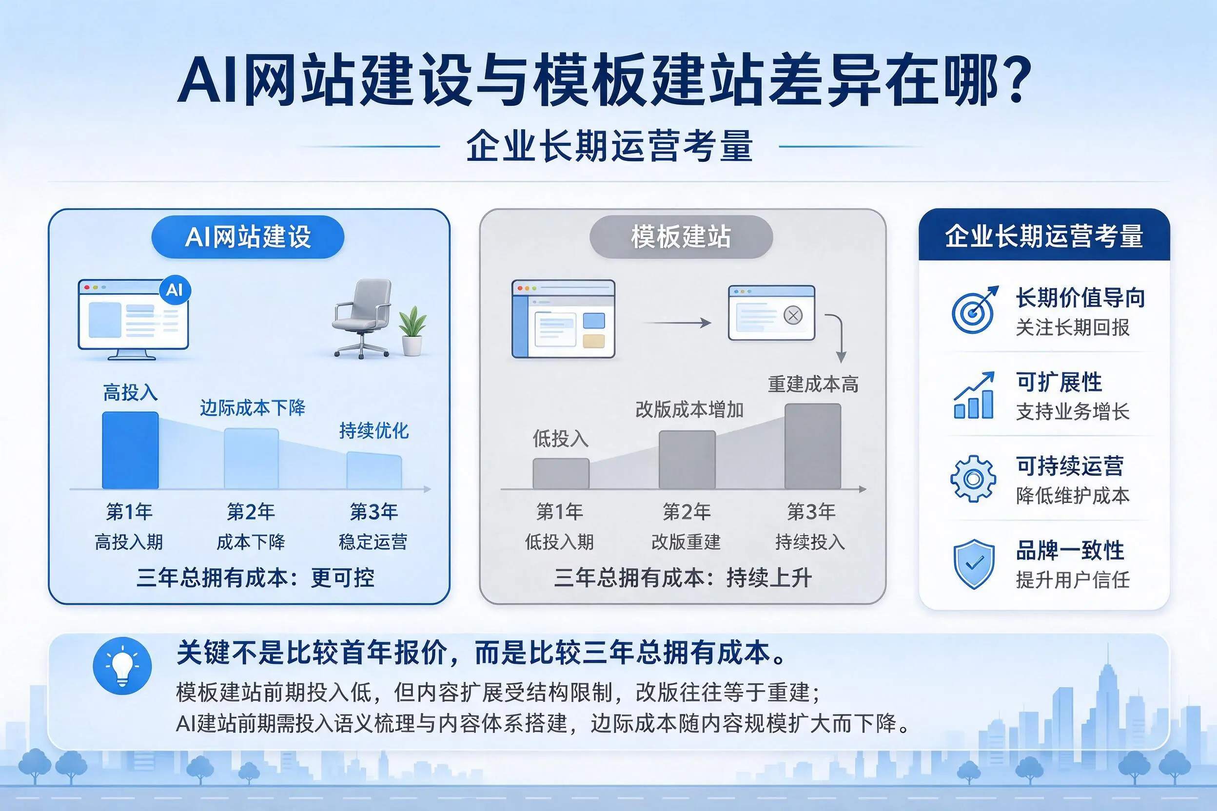 AI网站建设与模板建站差异在哪？朝阳企业长期运营考量