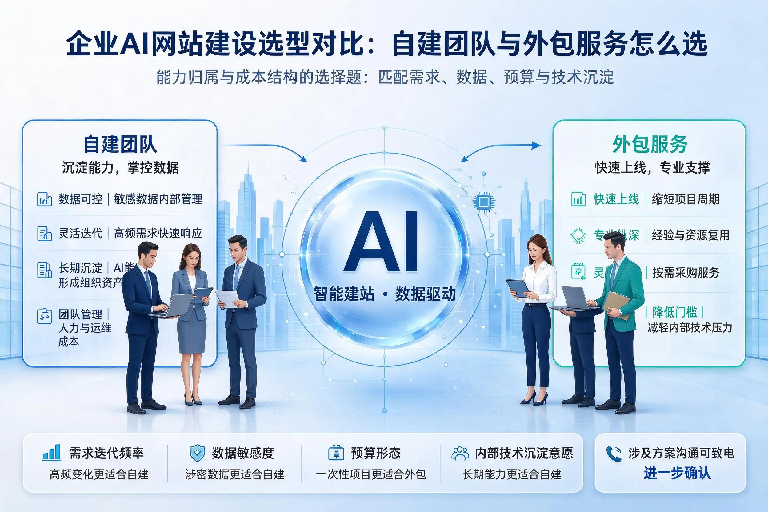 朝阳企业AI网站建设选型对比：自建团队与外包服务怎么选